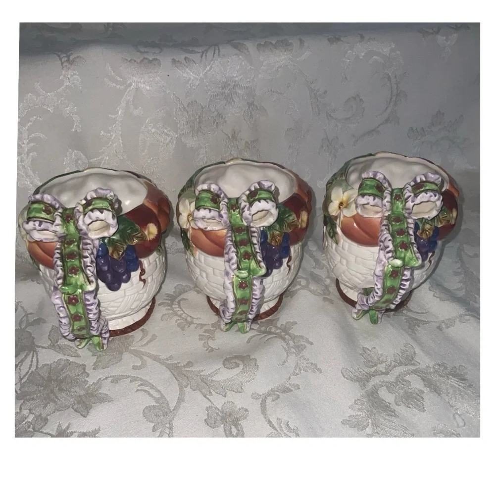 Tea For 3~Vintage 1970’s Colorful Fruit In A Basket~Ceramic Tea Pot & Three Cups